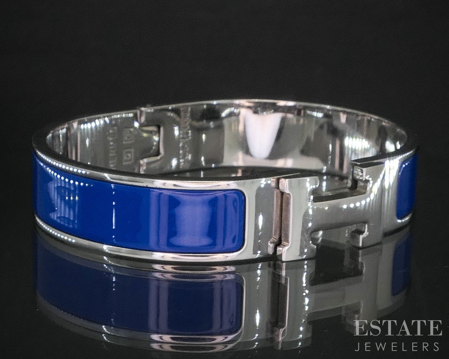 Vintage Silver Tone Hermes Blue Enameled Clic "H" Bangle Bracelet i20248
