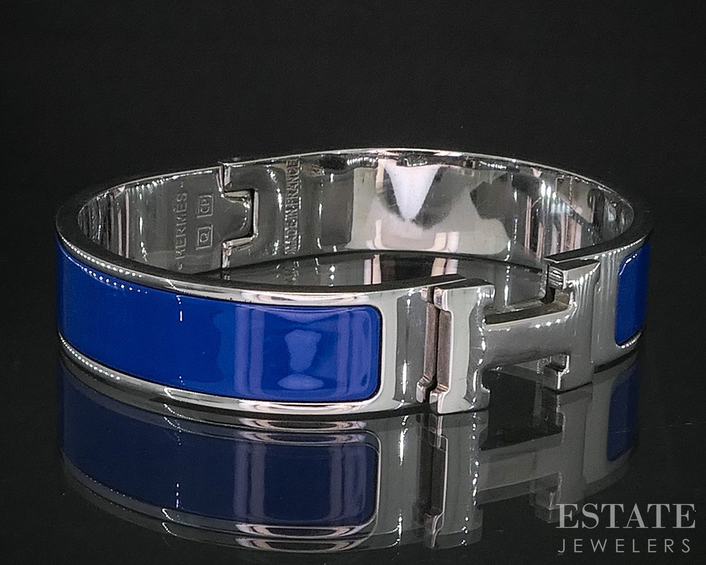 Vintage Silver Tone Hermes Blue Enameled Clic "H" Bangle Bracelet i20248