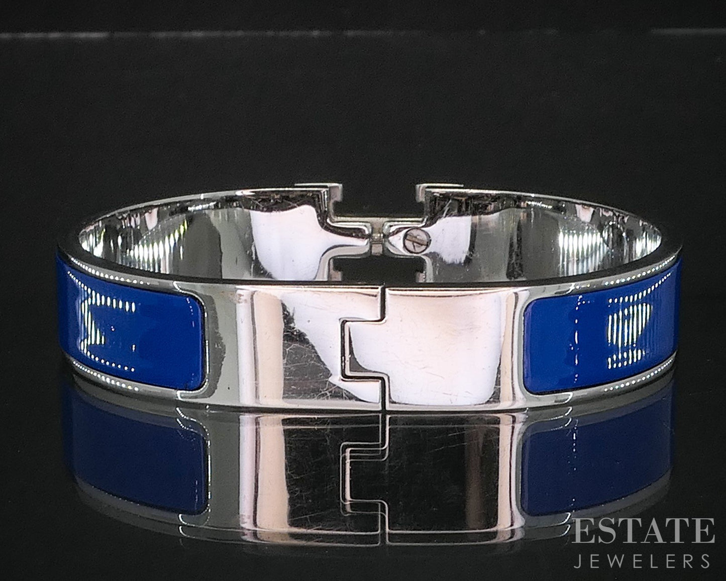 Vintage Silver Tone Hermes Blue Enameled Clic "H" Bangle Bracelet i20248