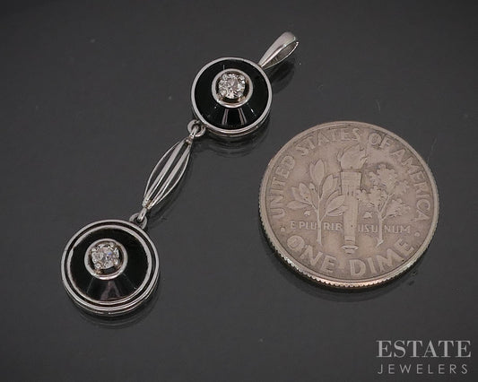 Vintage Platinum Natural Black Onyx & OEC Diamond Dangle Pendant 2g i20231