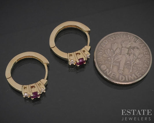 14k Yellow Gold Natural Ruby & Diamond Hoop Ladies Earrings 2.2g i20237