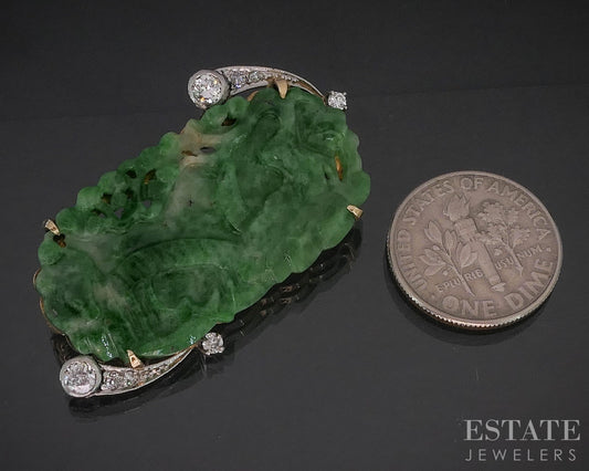 Antique Platinum & 14k Natural Green Jade & Diamond Pin Brooch 7.5g i20241