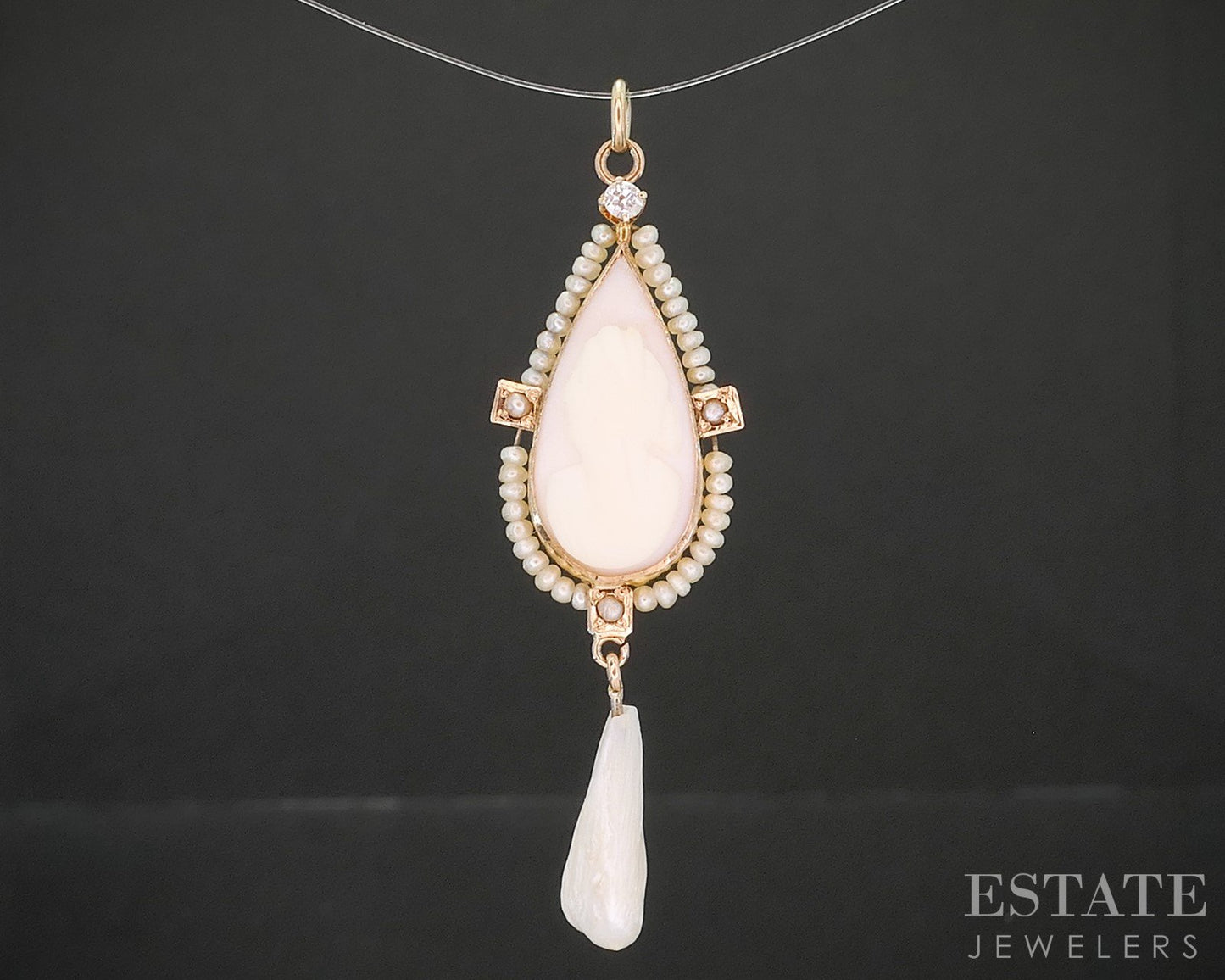 Antique Victorian 10k Yellow Gold Cameo Diamond & Seed Pearl Pendant 1.9g i20260