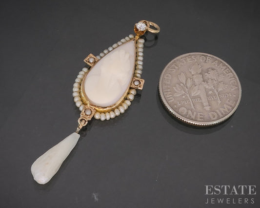 Antique Victorian 10k Yellow Gold Cameo Diamond & Seed Pearl Pendant 1.9g i20260