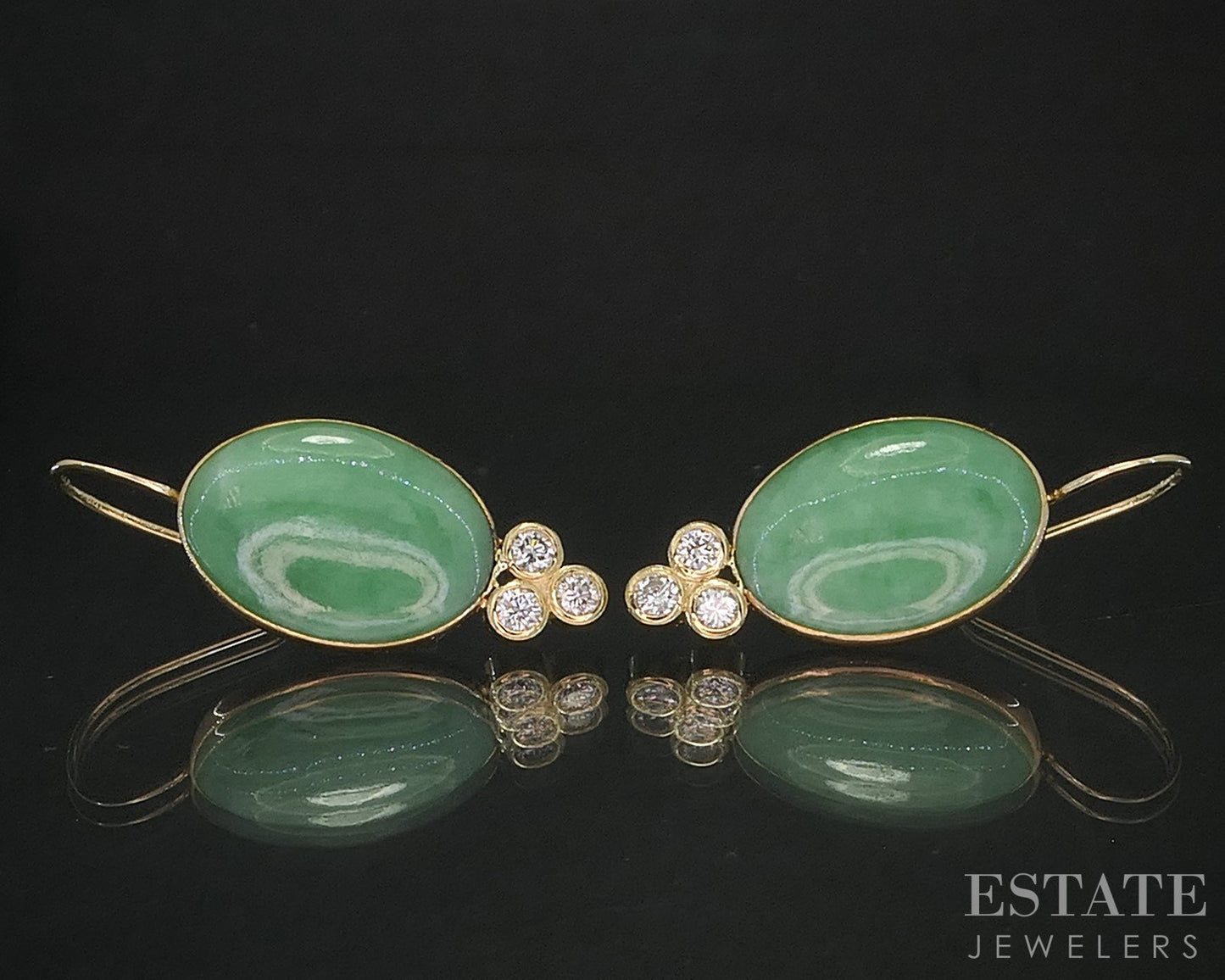 Antique 18k Yellow Gold Natural Green Jade & Diamond Dangle Earrings 5.9g i20258