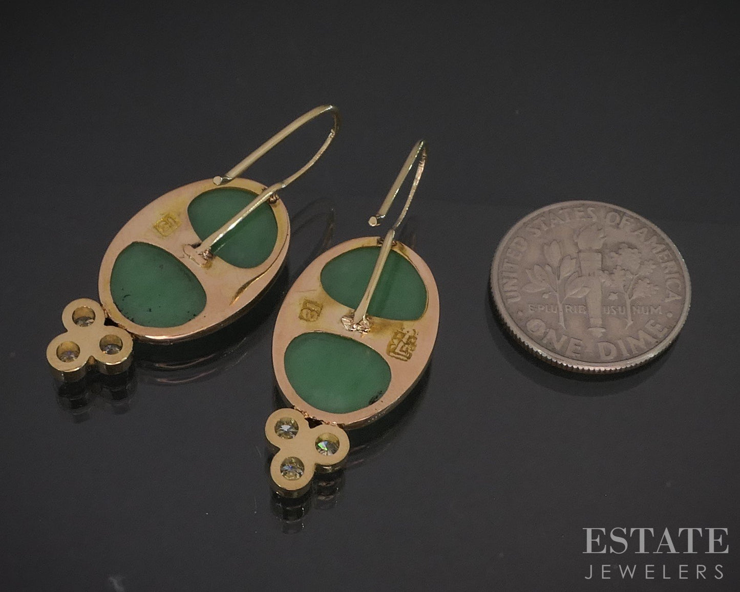 Antique 18k Yellow Gold Natural Green Jade & Diamond Dangle Earrings 5.9g i20258