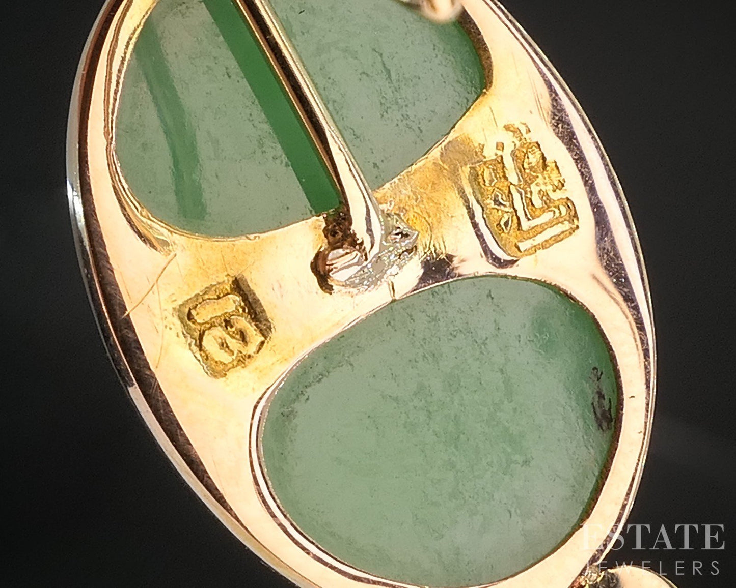 Antique 18k Yellow Gold Natural Green Jade & Diamond Dangle Earrings 5.9g i20258