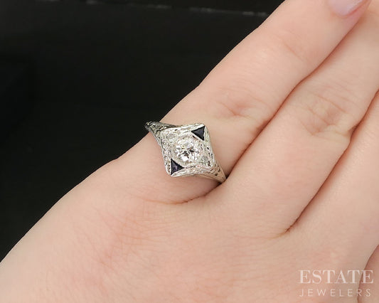 Antique Art Deco 14k Gold European .40ct Diamond Sapphire Engagement Ring i20257
