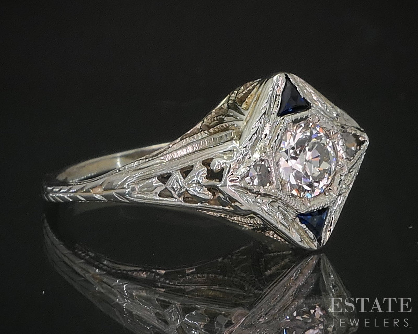 Antique Art Deco 14k Gold European .40ct Diamond Sapphire Engagement Ring i20257