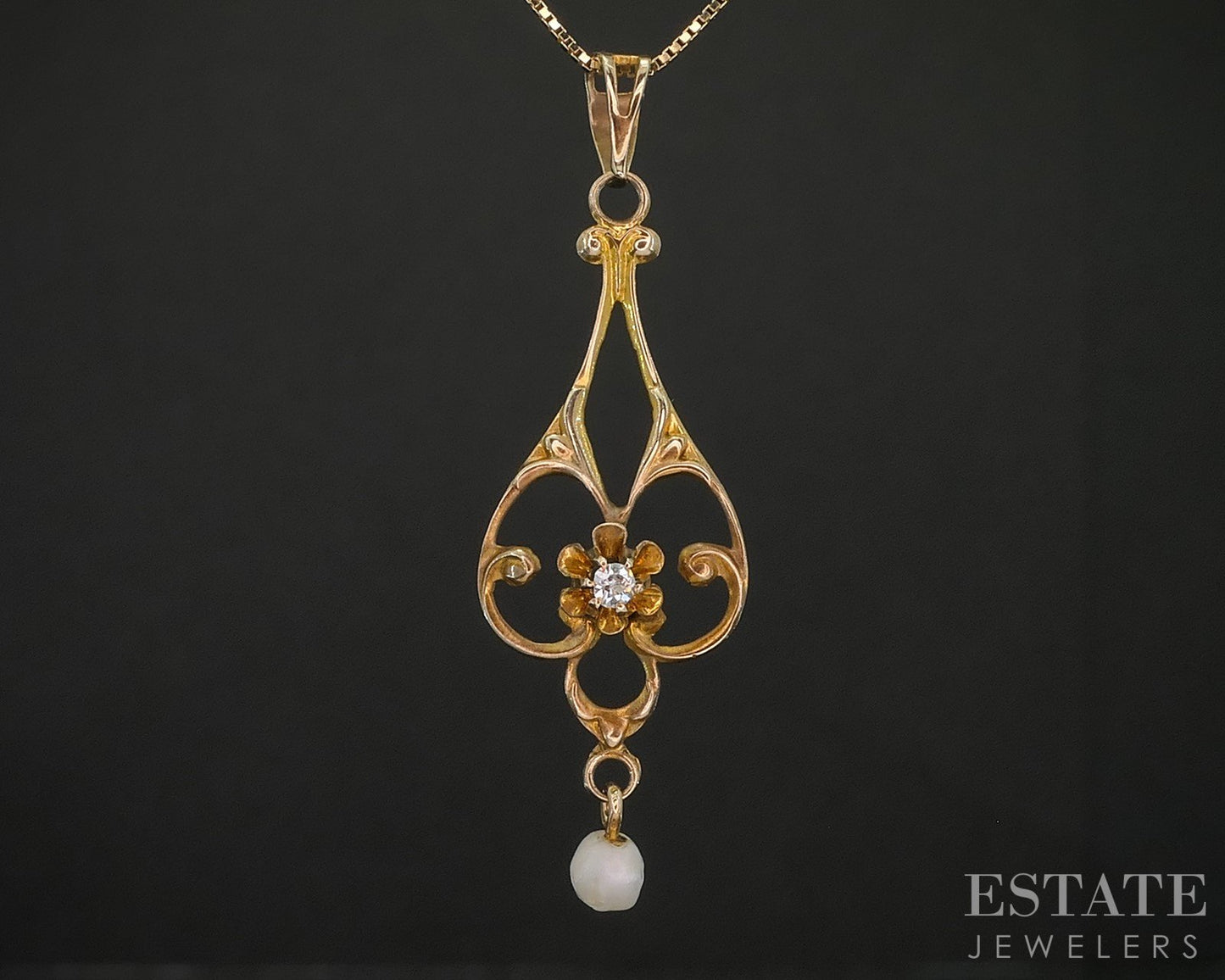 Antique Victorian 10k Yellow Gold Diamond & Pearl Lavalier Necklace 1.5g i20256
