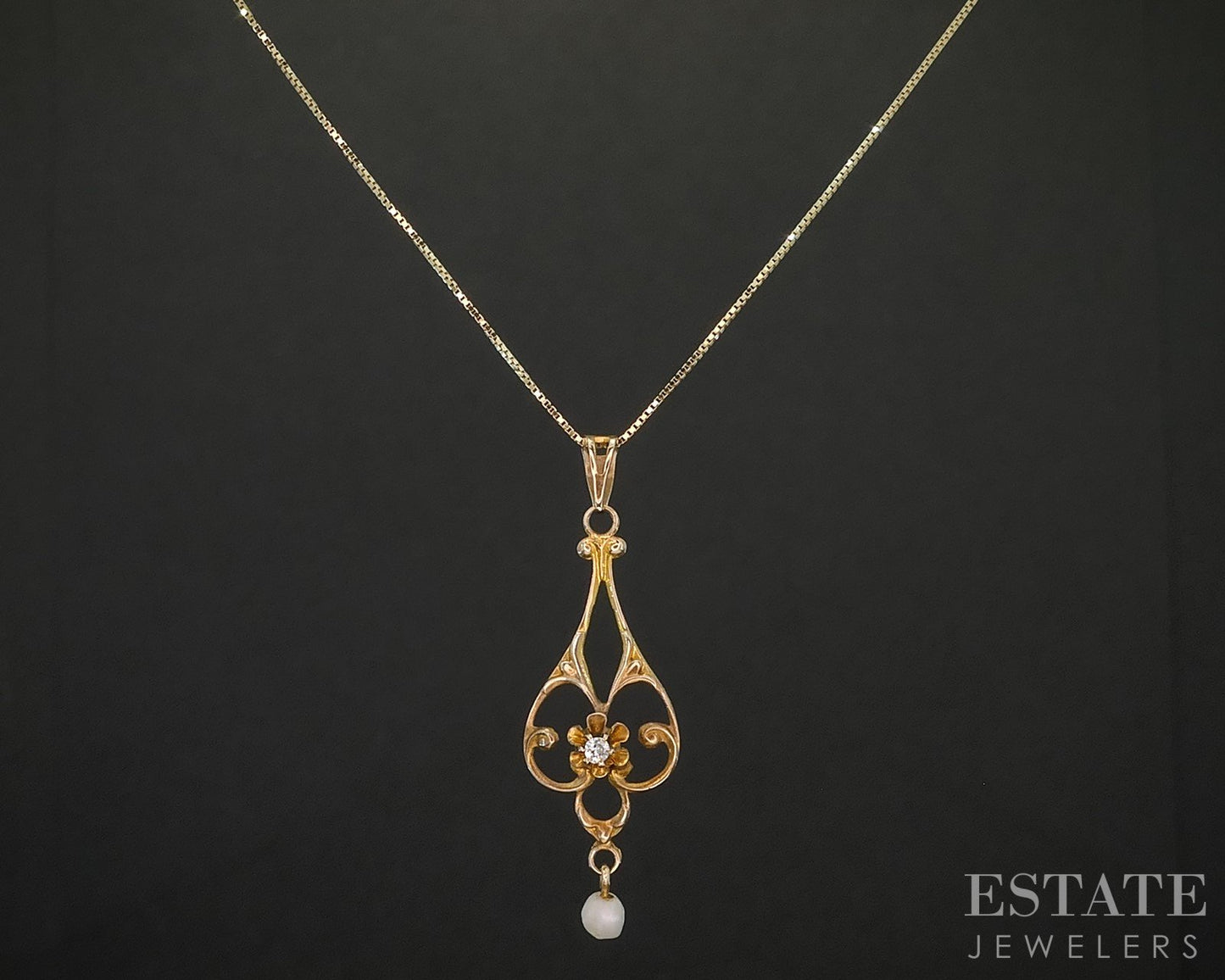 Antique Victorian 10k Yellow Gold Diamond & Pearl Lavalier Necklace 1.5g i20256