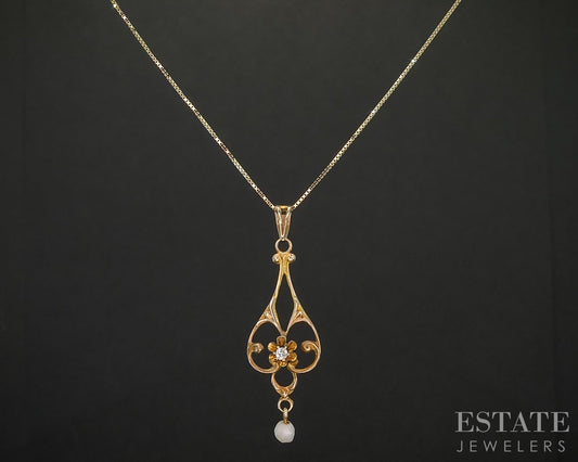 Antique Victorian 10k Yellow Gold Diamond & Pearl Lavalier Necklace 1.5g i20256