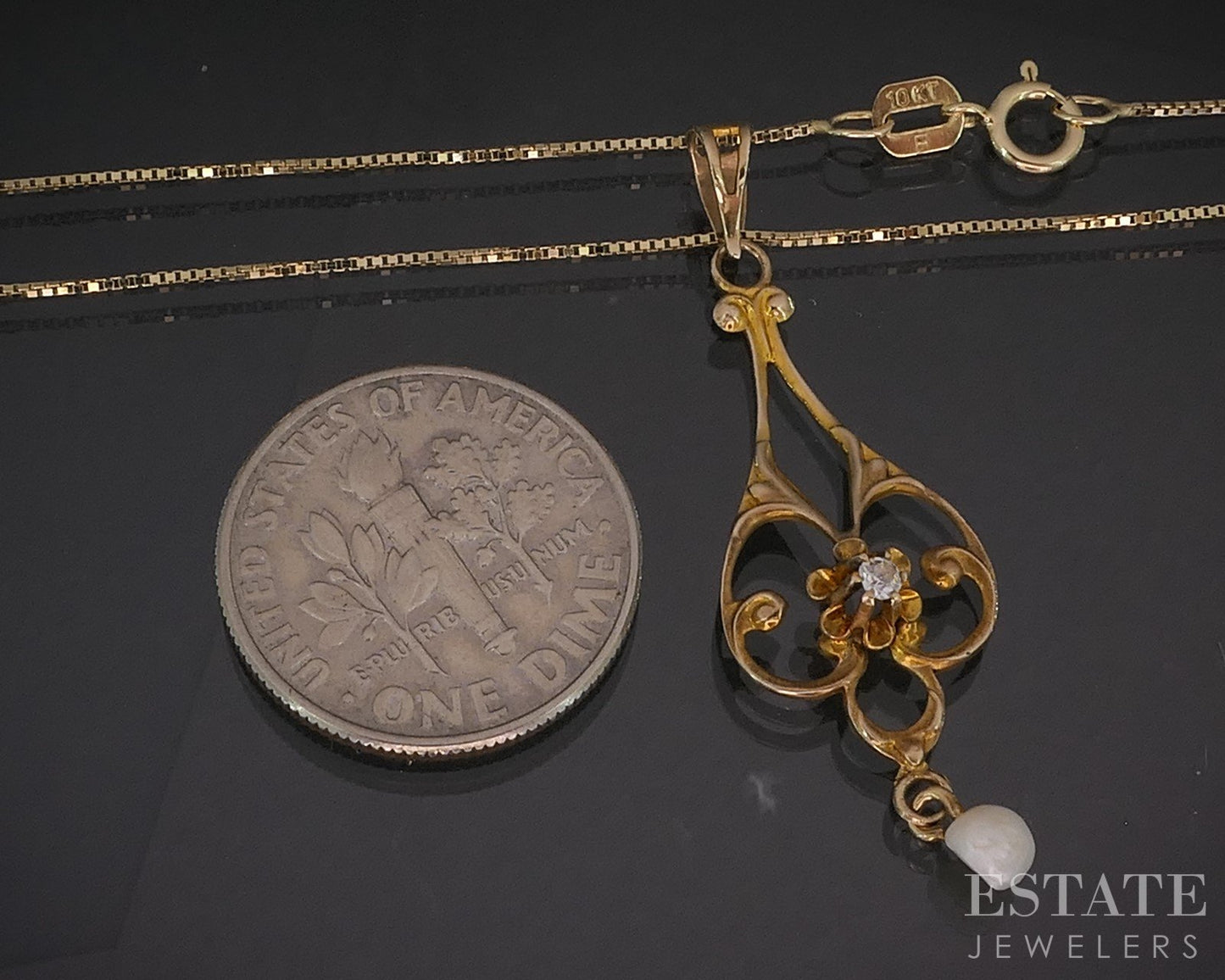 Antique Victorian 10k Yellow Gold Diamond & Pearl Lavalier Necklace 1.5g i20256