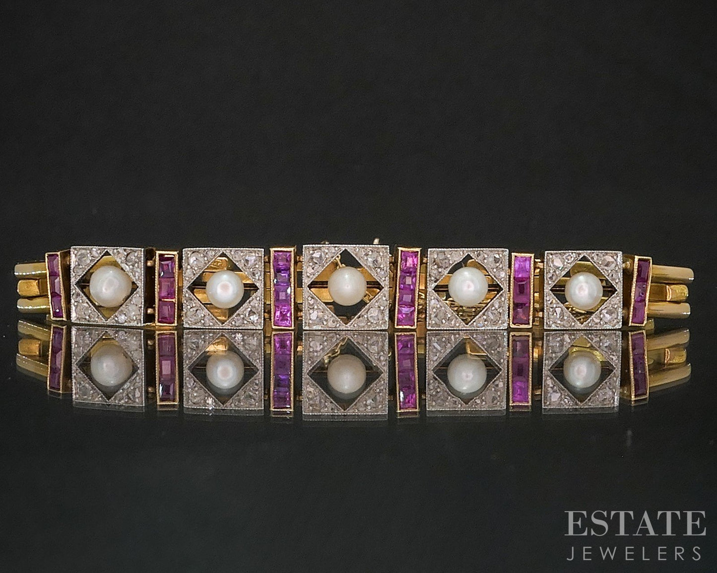Vintage Platinum & 18k Yellow Gold Ruby Pearl & Diamond Bracelet 20.9g i20254