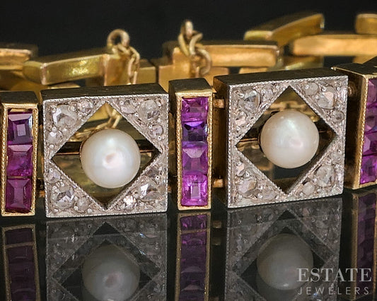 Vintage Platinum & 18k Yellow Gold Ruby Pearl & Diamond Bracelet 20.9g i20254