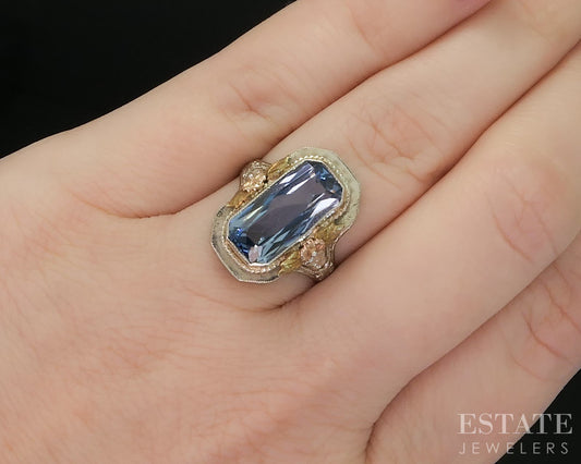 Antique Victorian 14k Tri Colored Gold Blue Topaz Filigree Ring 4.2g i20253