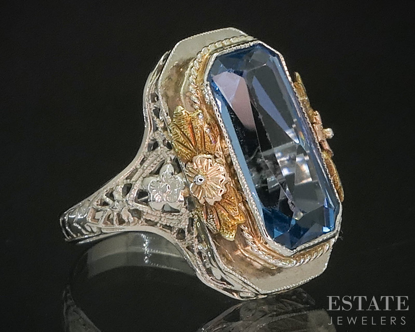 Antique Victorian 14k Tri Colored Gold Blue Topaz Filigree Ring 4.2g i20253