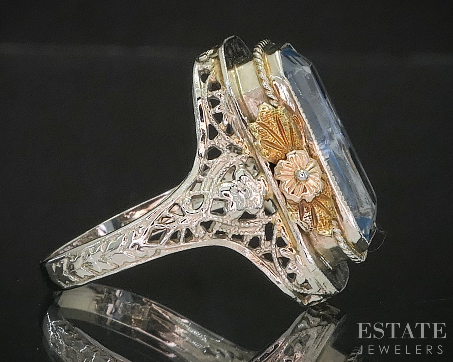Antique Victorian 14k Tri Colored Gold Blue Topaz Filigree Ring 4.2g i20253