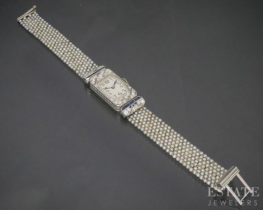Antique Art Deco Platinum Natural Diamond & Sapphire Pearl Ladies Watch i20289