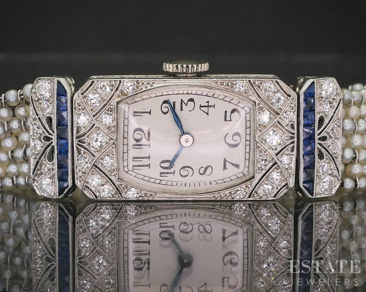Antique Art Deco Platinum Natural Diamond & Sapphire Pearl Ladies Watch i20289