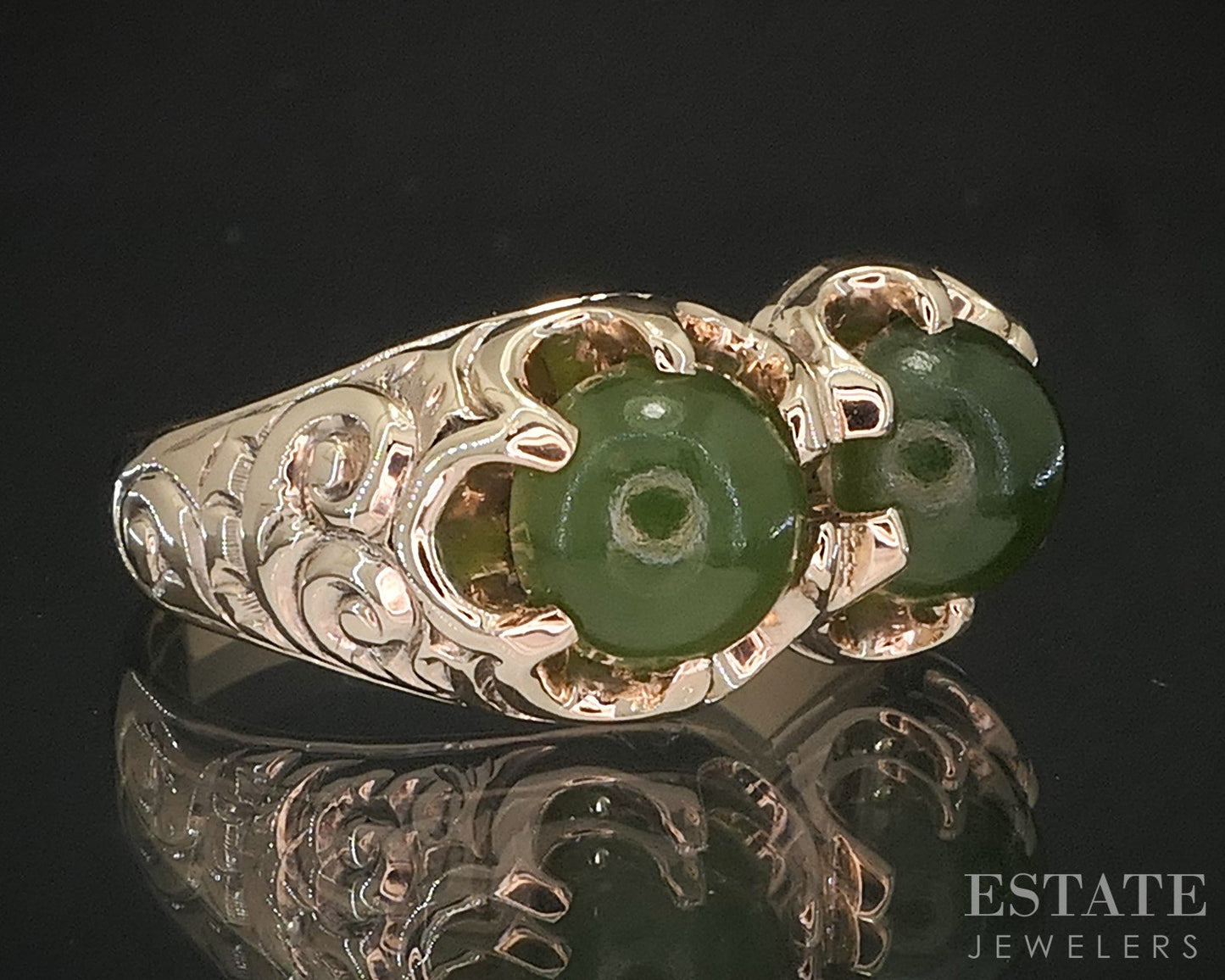 Antique Victorian 10k Yellow Gold Natural Green Jade Twin Ring 5.9g i20269