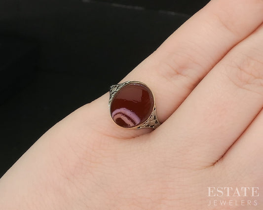 Antique 14k Yellow & White Gold Oval Natural Carnelian Filigree Ring 2.8g i20271
