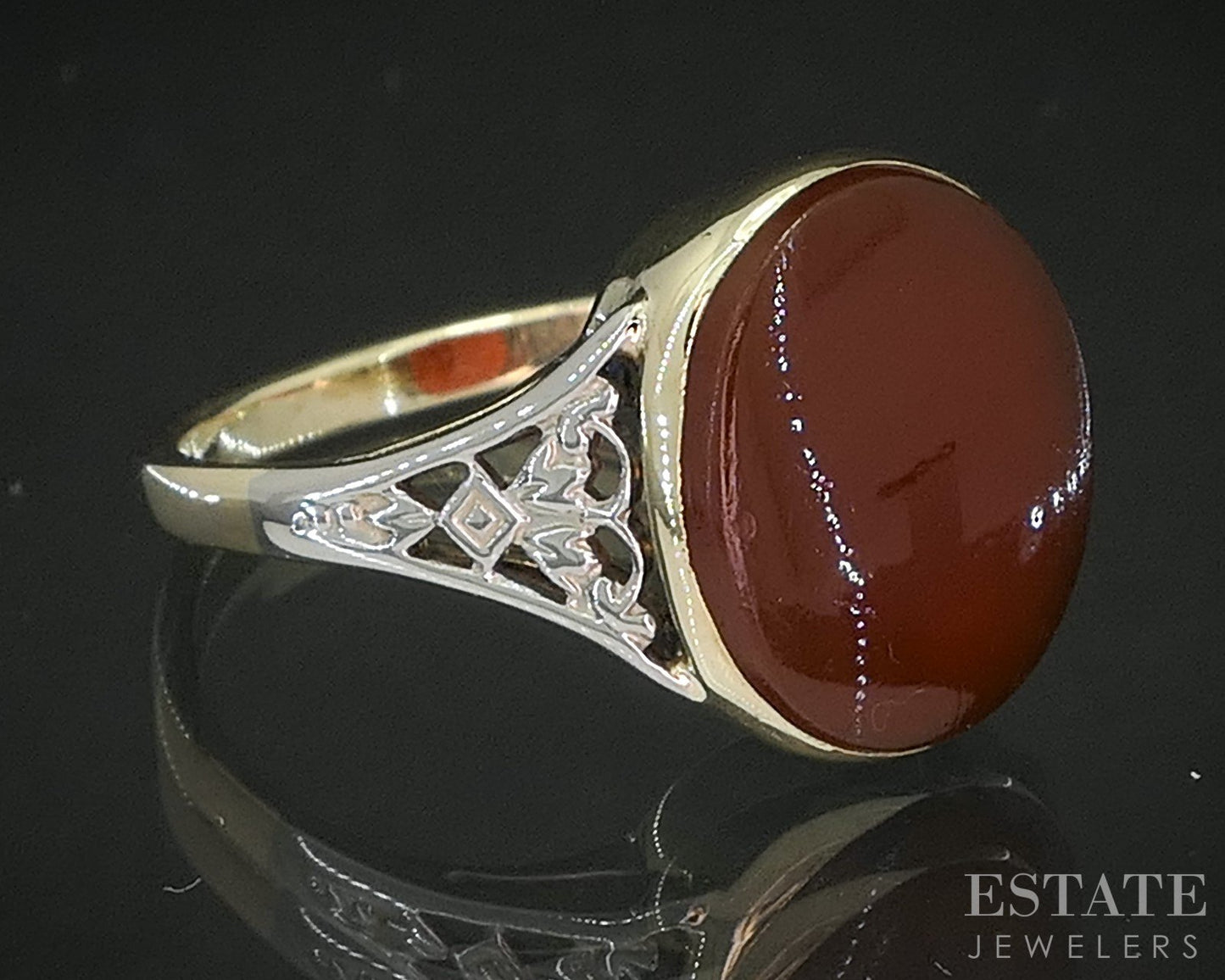 Antique 14k Yellow & White Gold Oval Natural Carnelian Filigree Ring 2.8g i20271