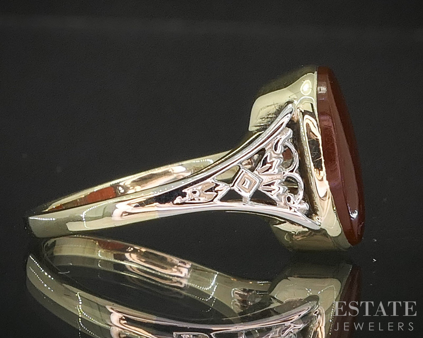 Antique 14k Yellow & White Gold Oval Natural Carnelian Filigree Ring 2.8g i20271