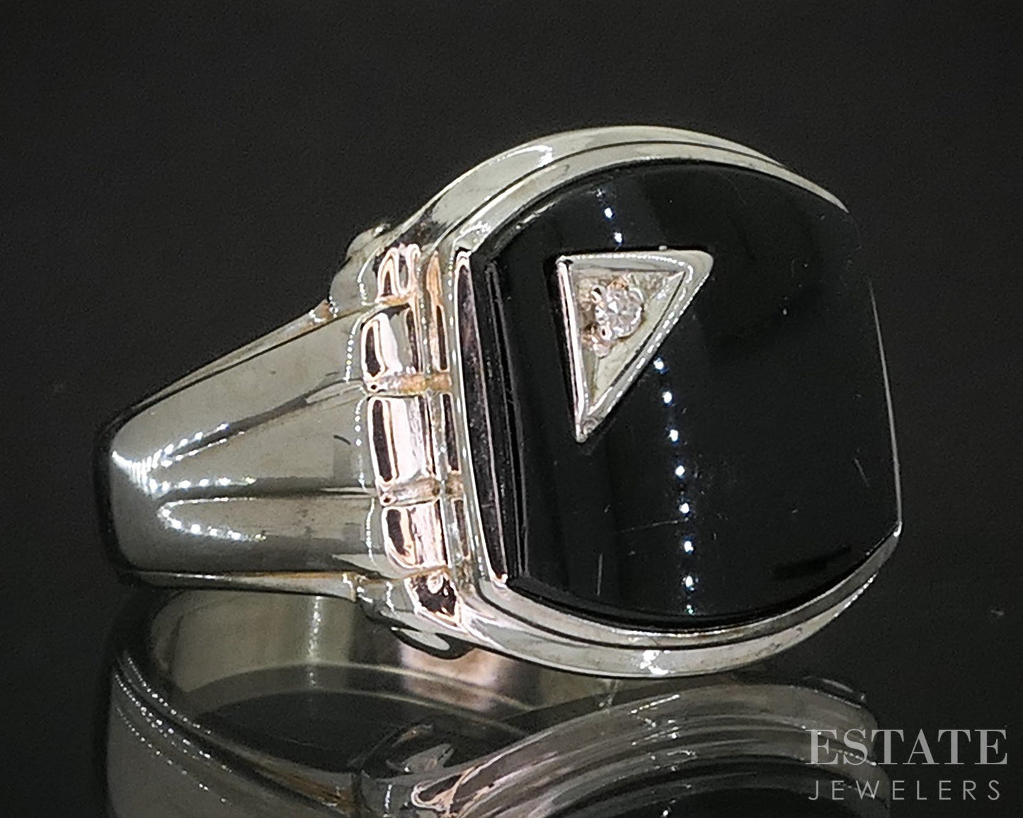 Vintage 10k White Gold Natural Black Onyx & Diamond Mens Ring 7.4g i20266