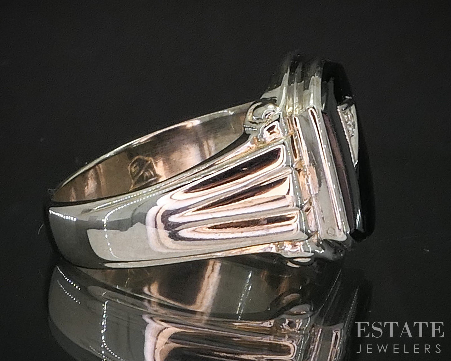 Vintage 10k White Gold Natural Black Onyx & Diamond Mens Ring 7.4g i20266