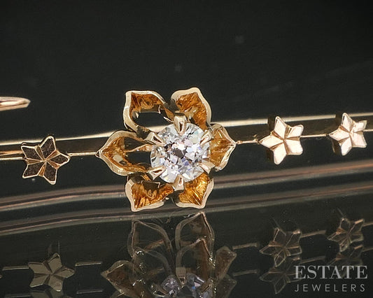 Antique 12k Yellow Gold Natural Diamond Flower Bar Pin Brooch 2.1g i20284