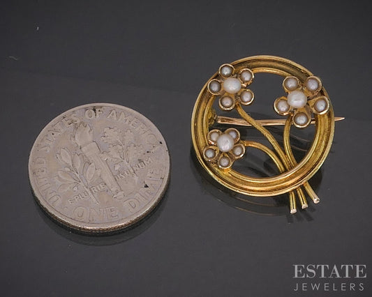 Antique Art Nouveau 14k Yellow Gold Flower Seed Pearl Pin Brooch 2g i20268