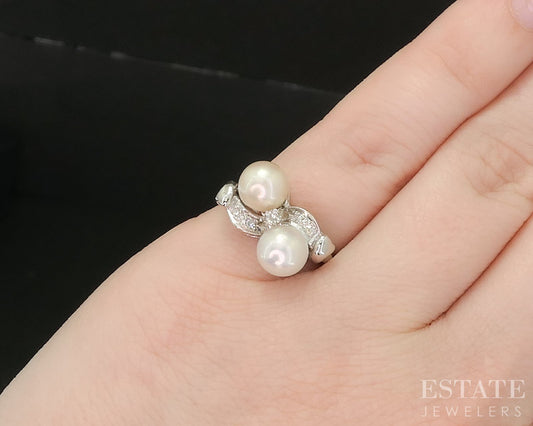 Vintage 14k White Gold 6.5mm Akoya Pearl & Diamond Ladies Ring 3.6g i20275