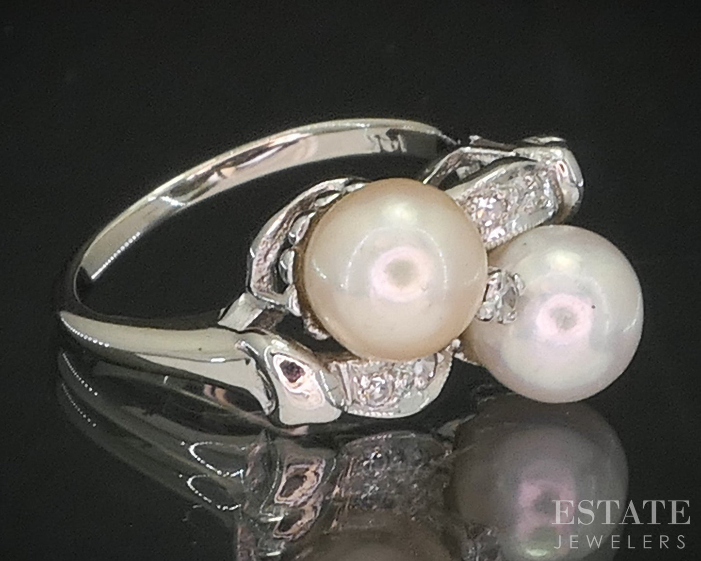 Vintage 14k White Gold 6.5mm Akoya Pearl & Diamond Ladies Ring 3.6g i20275