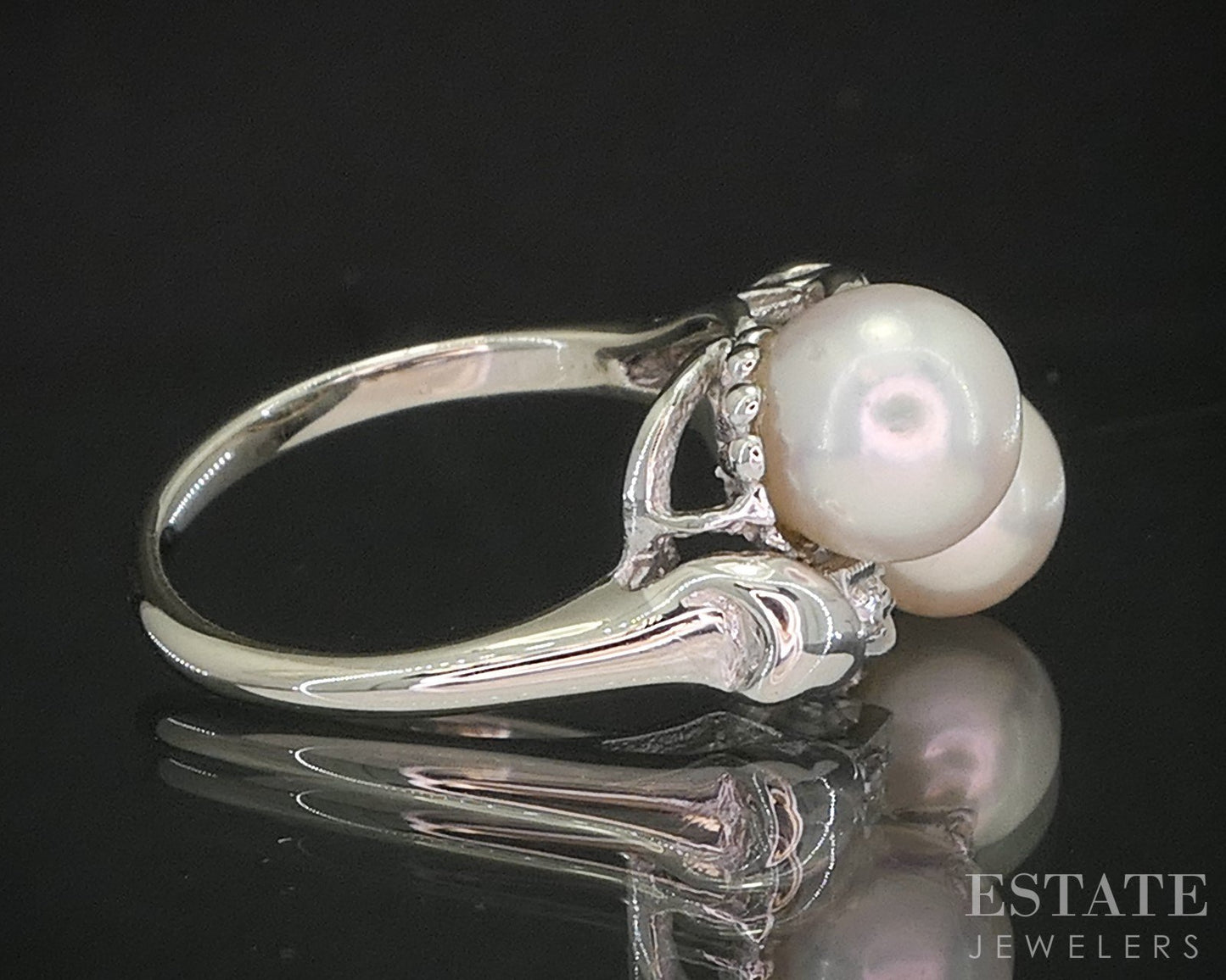 Vintage 14k White Gold 6.5mm Akoya Pearl & Diamond Ladies Ring 3.6g i20275