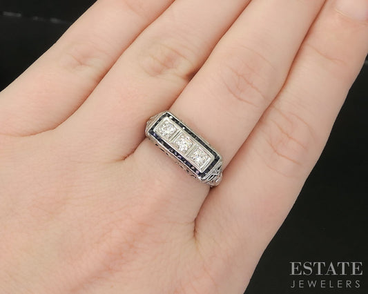 Antique 18k Gold Natural .30ctw Diamond Sapphire Filigree Band Ring 3.1g i20281