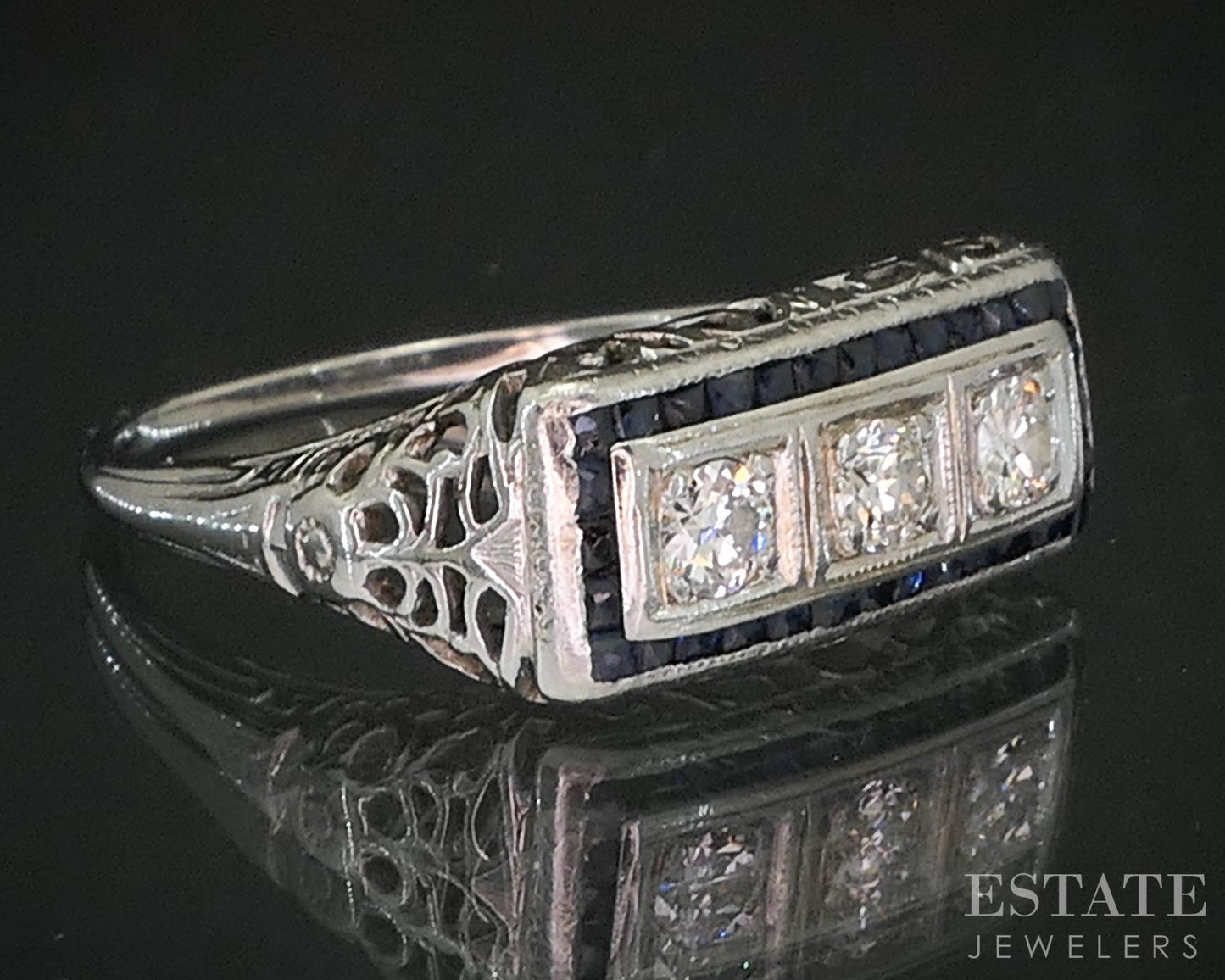 Antique 18k Gold Natural .30ctw Diamond Sapphire Filigree Band Ring 3.1g i20281