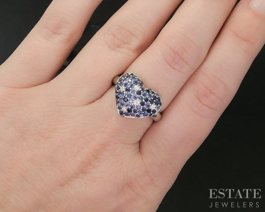 14k White Gold Natural Blue Sapphire & Diamond Heart Ladies Ring 4.2g i20302