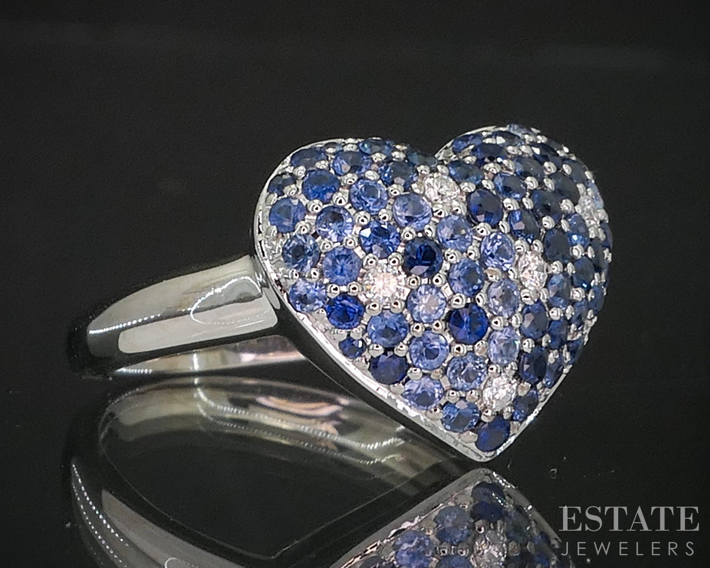 14k White Gold Natural Blue Sapphire & Diamond Heart Ladies Ring 4.2g i20302