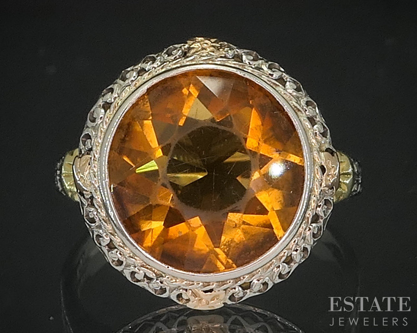 Antique 14k Tri Colored Gold Natural Citrine Filigree Ladies Ring 4.6g i20305