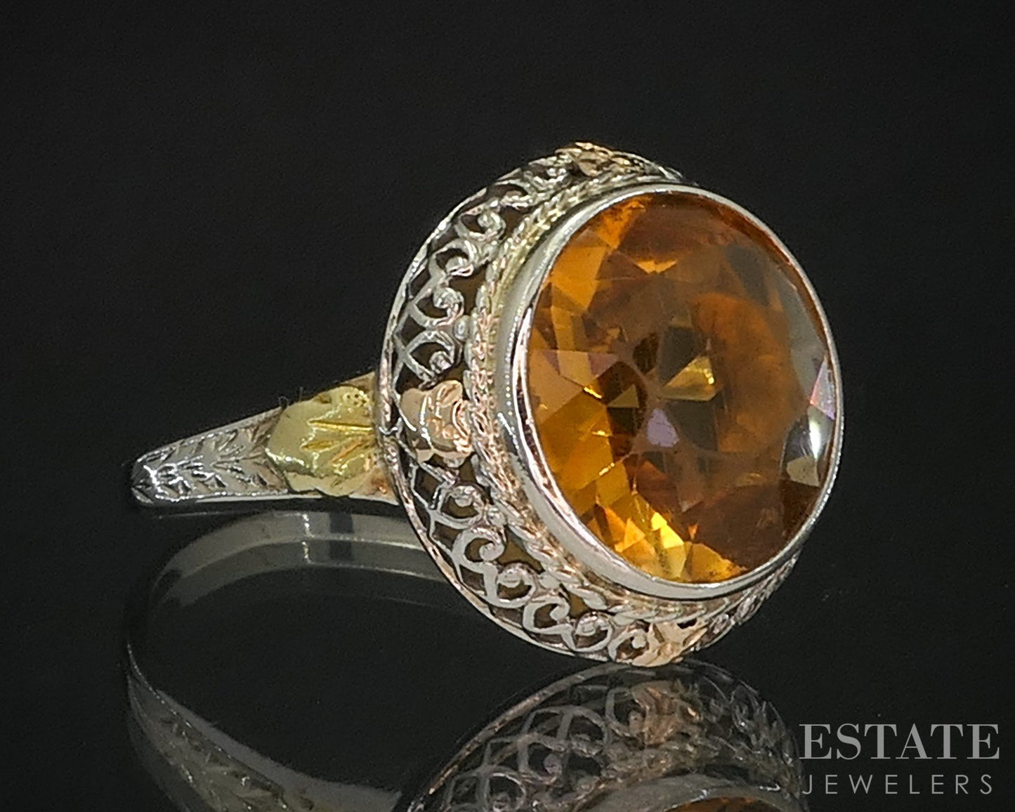 Antique 14k Tri Colored Gold Natural Citrine Filigree Ladies Ring 4.6g i20305