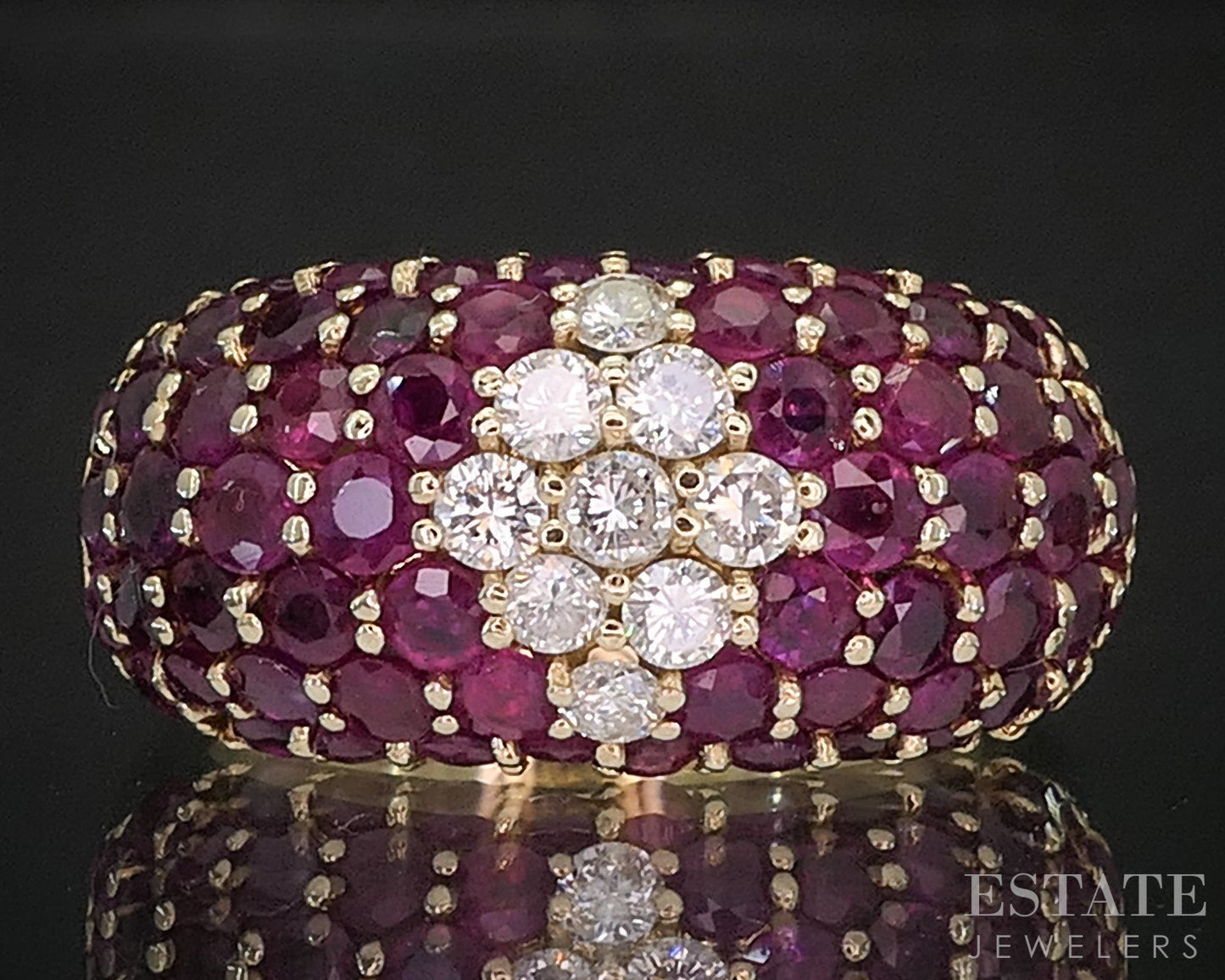 14k Yellow Gold EFFY Natural Ruby & Diamond Cluster Ladies Band Ring 7.8g i20319