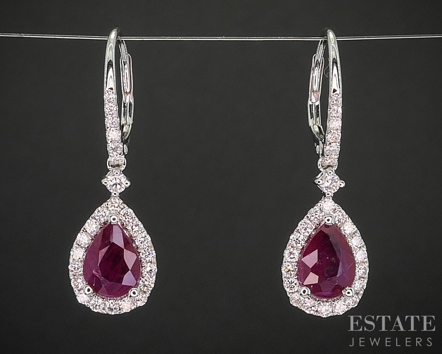 18k White Gold Natural Ruby & Diamond Teardrop Dangle Earrings 4.2g i20315