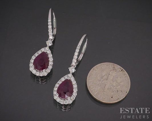 18k White Gold Natural Ruby & Diamond Teardrop Dangle Earrings 4.2g i20315