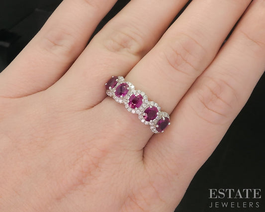 14k White Gold Natural Ruby & Diamond Ladies Halo Band Ring 4.7g i20313