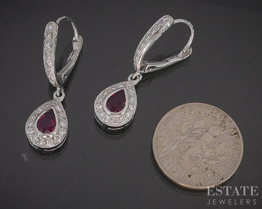 18k White Gold Natural Ruby & Diamond Teardrop Dangle Earrings 4.4g i20308