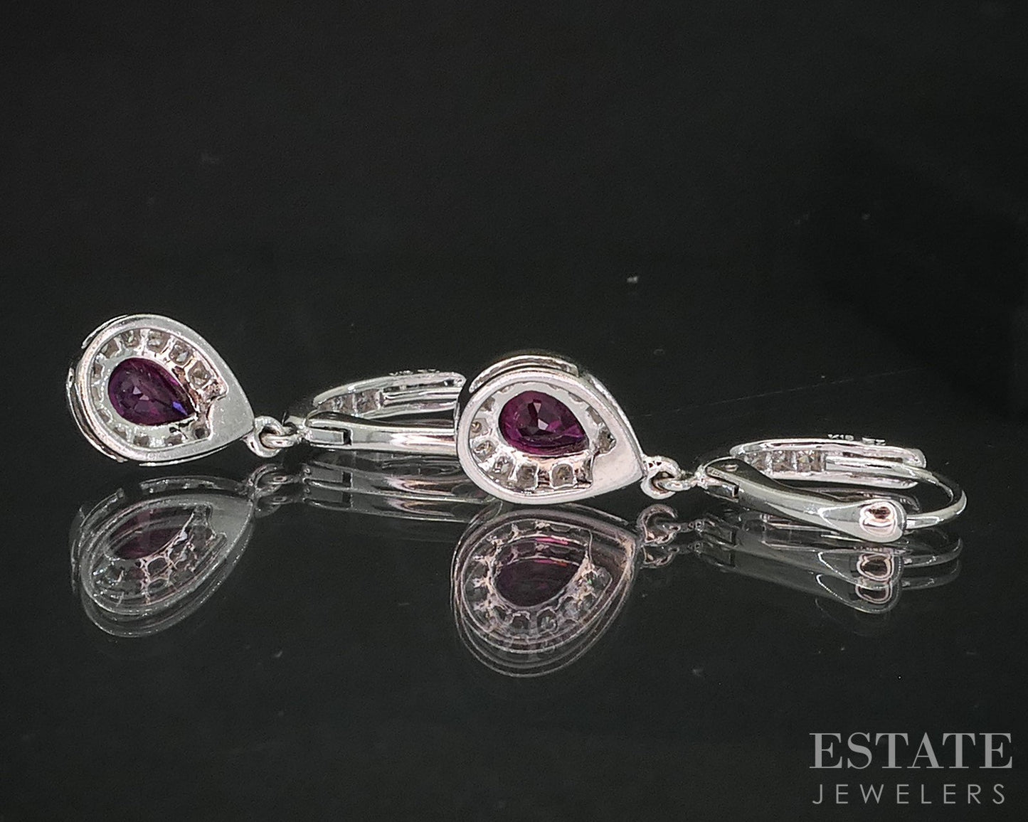 18k White Gold Natural Ruby & Diamond Teardrop Dangle Earrings 4.4g i20308