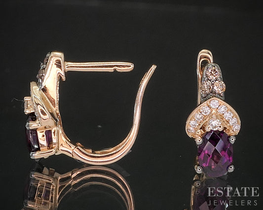 14k Strawberry Gold LeVian Natural Rhodolite Garnet & Diamond Earrings 3g i20299