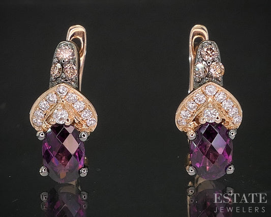 14k Strawberry Gold LeVian Natural Rhodolite Garnet & Diamond Earrings 3g p90986