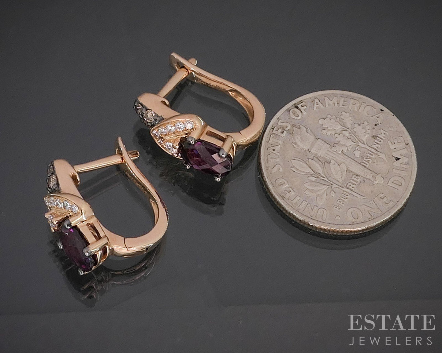 14k Strawberry Gold LeVian Natural Rhodolite Garnet & Diamond Earrings 3g i20299